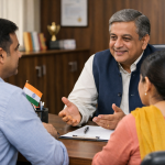 A school principal guiding parents on choosing the right academic path for their child.