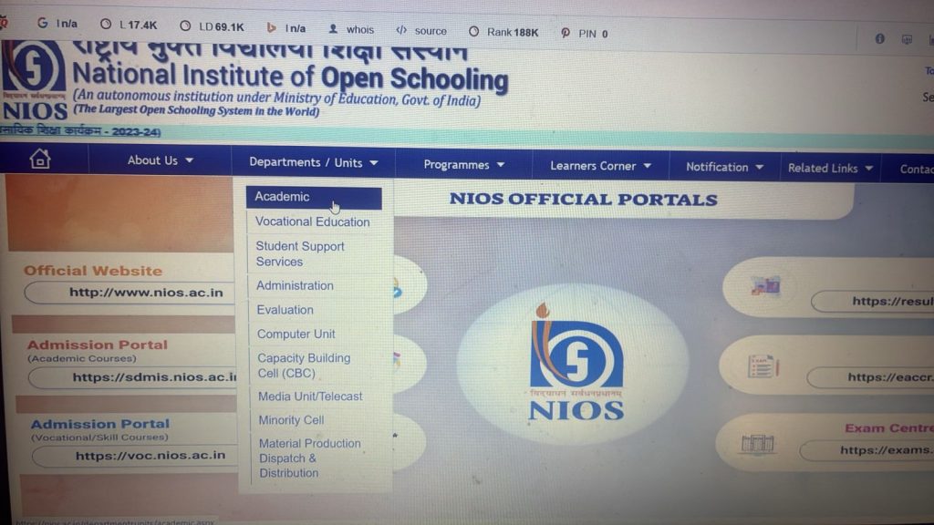 NIOS official portal homepage showing National Institute of Open Schooling website navigation