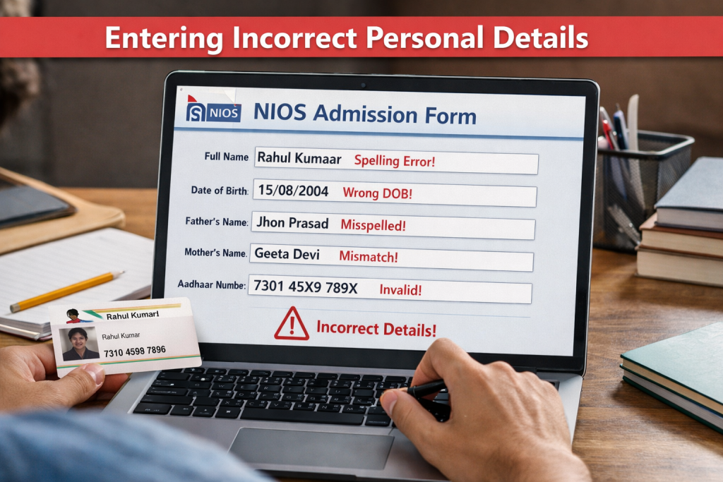 nios admission portal registration entering incorrect personal details