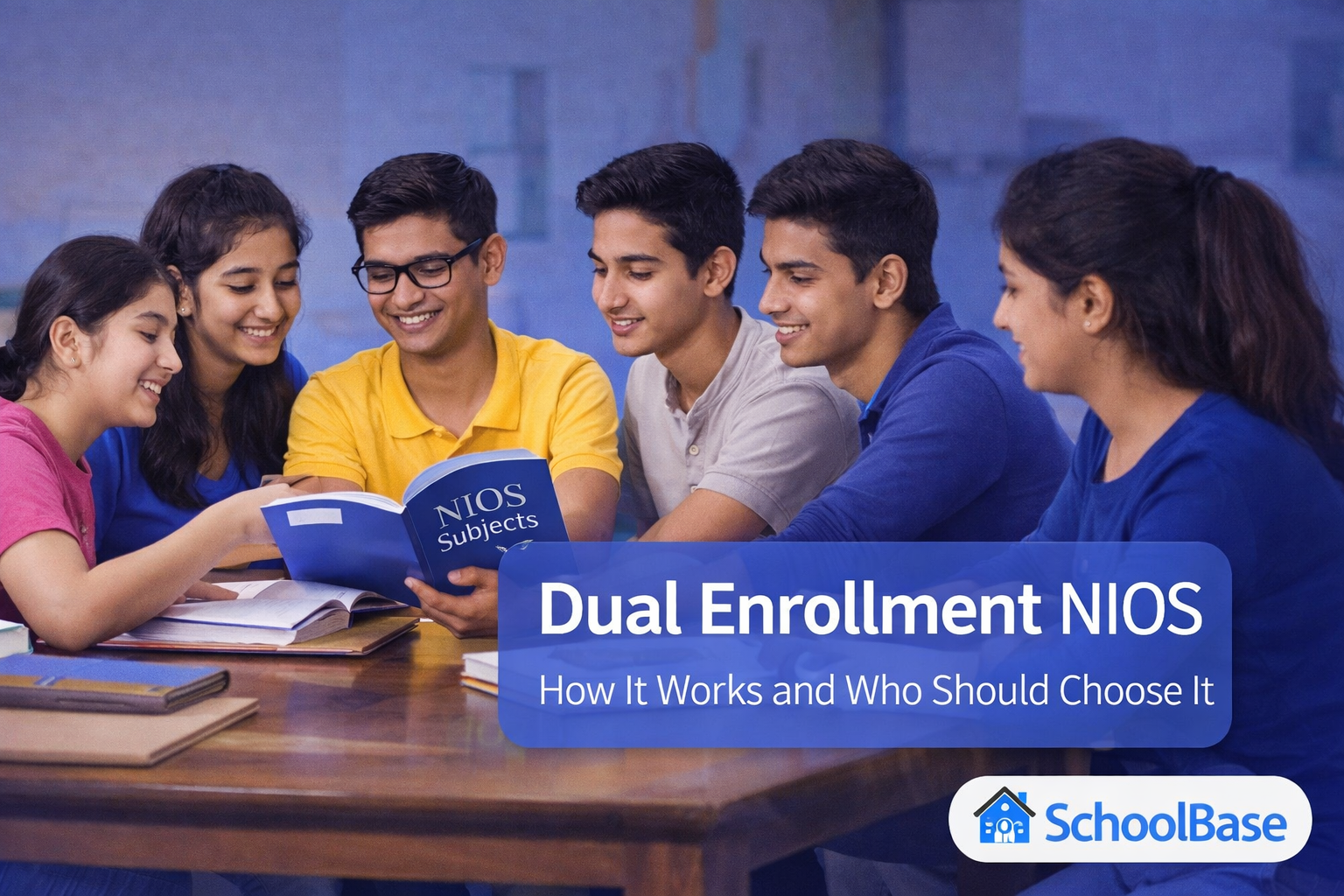 Dual Enrollment NIOS students discussing subjects with SchoolBase guidance