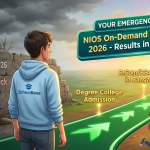 My child lost confidence after failure in CBSE 2026? A student in a SchoolBase hoodie looks towards a bright future pathway marked 'NIOS On-Demand Exams 2026 - Results in 45 Days' leading to Degree College Admission.