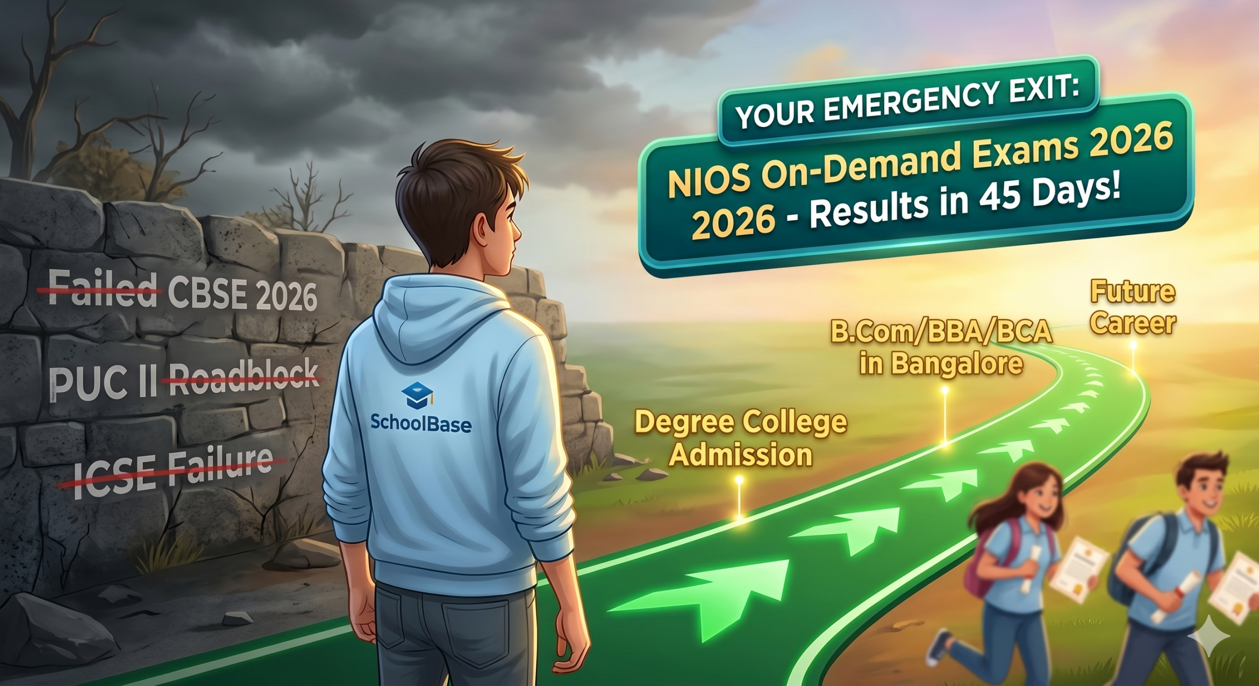 My child lost confidence after failure in CBSE 2026? A student in a SchoolBase hoodie looks towards a bright future pathway marked 'NIOS On-Demand Exams 2026 - Results in 45 Days' leading to Degree College Admission.