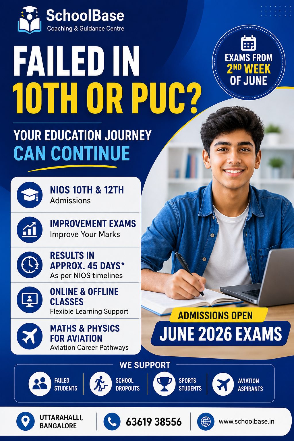 Student discussing NIOS and CBSE supplementary exam options for academic continuation in Bangalore through SchoolBase support.