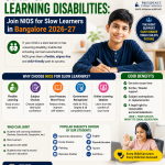 NIOS for Slow Learners in Bangalore poster showing flexible education, UDID support, and online learning options at SchoolBase.
