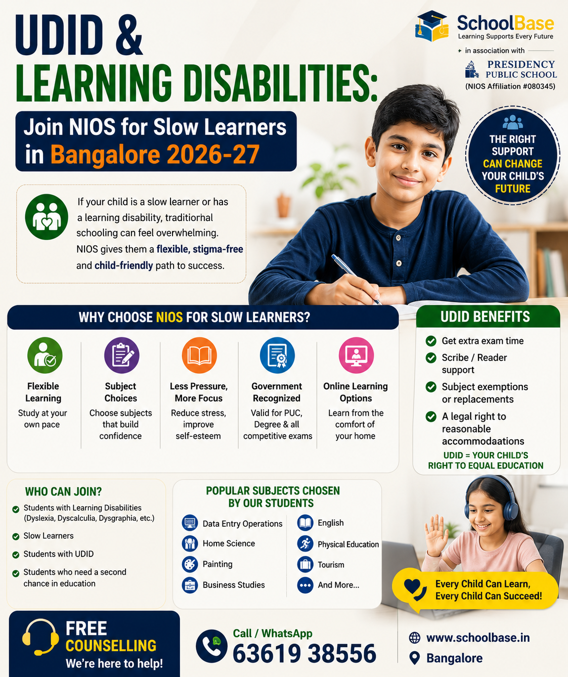NIOS for Slow Learners in Bangalore poster showing flexible education, UDID support, and online learning options at SchoolBase.