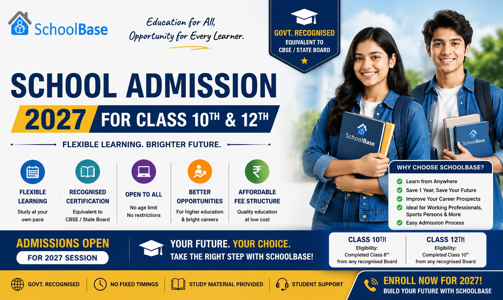 NIOS School Admission for Class 10th and 12th 2027